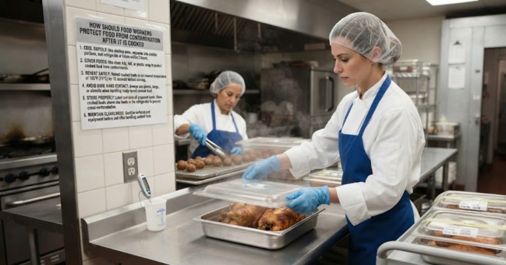 How Should Food Workers Protect Food From Contamination After It Is Cooked?